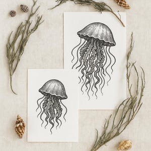 Coastal Jellyfish Tattoo Design – Fine Line Ocean Tattoo, Nautical Sea Creature Ink, Instant Download