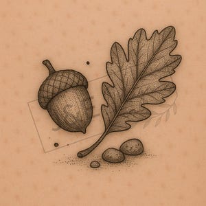 Puede incluir: Ilustración detallada de una bellota, una hoja de roble y pequeñas piedras. La bellota tiene una tapa y un cuerpo texturizados, mientras que la hoja de roble muestra intrincadas vetas. La imagen está renderizada en tonos marrones y beige, con una técnica de sombreado punteado.