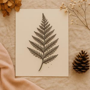 May include: A botanical illustration of a fern leaf in black ink on a cream-colored paper. The artwork is surrounded by dried flowers, a pine cone, and a peach-colored fabric, creating a natural, earthy aesthetic. The fern is the focal point.