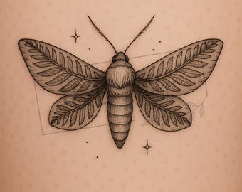May include: Detailed black and white illustration of a moth with intricate wing patterns. The moth is centered, with its wings spread, and surrounded by small star-like shapes. The artwork is on a light brown background.