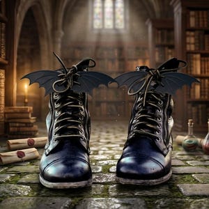 May include: A pair of black lace-up boots featuring decorative black bat wings attached to the laces. The boots have a rounded toe, metallic eyelets, and side zippers, presented in a dark, library-themed setting with stone flooring.