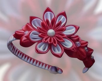 Kanzashi Flower Headband, Red Satin Ribbon Hair Accessory