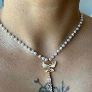 Pearl Butterfly Necklace – Delicate Beaded Choker with Drop Crystal Tassel | Feminine Gift Idea