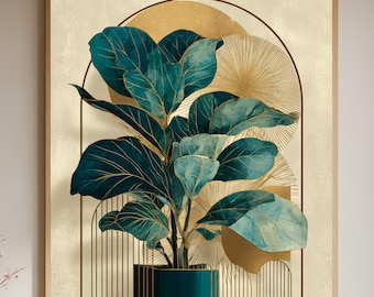 Op de afbeelding: Een ingelijste kunstdruk met een teal plant met grote bladeren in een teal pot. De achtergrond heeft gouden en beige geometrische vormen en lijnen. Het kunstwerk zit in een houten lijst.