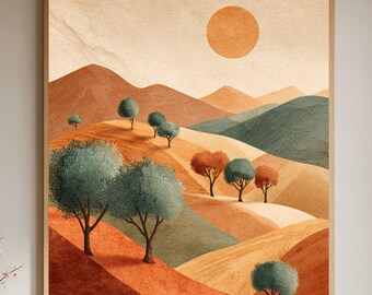 Op de afbeelding: Een ingelijste kunstdruk met een gestileerd landschap met glooiende heuvels en bomen. Het kleurenschema bevat tinten oranje, groen en bruin, met een oranje zon aan de hemel. Het kunstwerk is in een houten lijst.