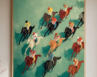 Op de afbeelding: Een ingelijste kunstdruk die een paardenrace toont met jockeys in kleurrijke zijden. De paarden racen over een groene achtergrond. De jockeys dragen rode, gele en blauwe kleuren. Het kunstwerk is in vintage stijl.