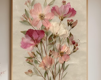 Op de afbeelding: Een ingelijste botanische print met een boeket van geperste bloemen in roze, wit en bordeaux tinten. De bloemen zijn geplaatst tegen een getextureerde, gebroken witte achtergrond, en de lijst is licht van kleur.