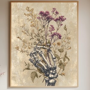 Skeleton Hand Floral Poster, Dark Botanical Art, Gothic Memento Mori Vintage Anatomy Decor image 1