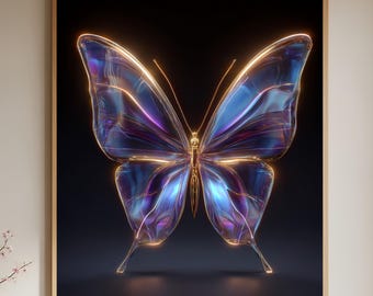 Op de afbeelding: Een ingelijste kunstdruk met een 3D-weergave van een vlinder. De vlinder heeft doorschijnende blauwe en paarse vleugels met gouden contouren en een gouden lichaam, tegen een zwarte achtergrond.