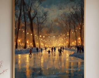 Op de afbeelding: Een ingelijste muurkunstprint met een wintertafereel van mensen die in de schemering schaatsen op een bevroren vijver. Hoge, donkere bomen omlijsten het tafereel, verlicht door slingers met warme, gouden lichtjes.