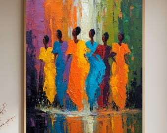Op de afbeelding: Een abstract schilderij in een houten lijst toont zes figuren in kleurrijke jurken. De figuren zijn afgebeeld in geel, oranje, blauw en rood. De achtergrond heeft verticale penseelstreken van paars, oranje, groen en wit, wat een textuureffect creëert.