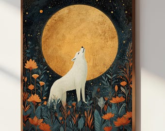 Op de afbeelding: Een ingelijste kunstdruk met een witte wolf die naar een grote, gouden maan huilt. De scène speelt zich af tegen een donkerblauwe sterrenhemel met oranje bloemen en weelderig groen. Het kunstwerk heeft een grillig, door de natuur geïnspireerd thema.