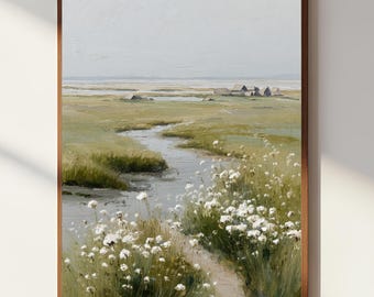 Kustweide landschap kunst aan de muur, rustige natuur schilderij print, serene wilde bloemen en beek kunstwerken