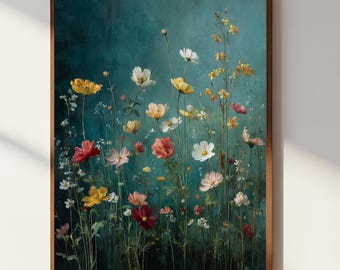 Groenblauwe muurkunst met wilde bloemen, poster bloemenweide, kleurrijke botanische print