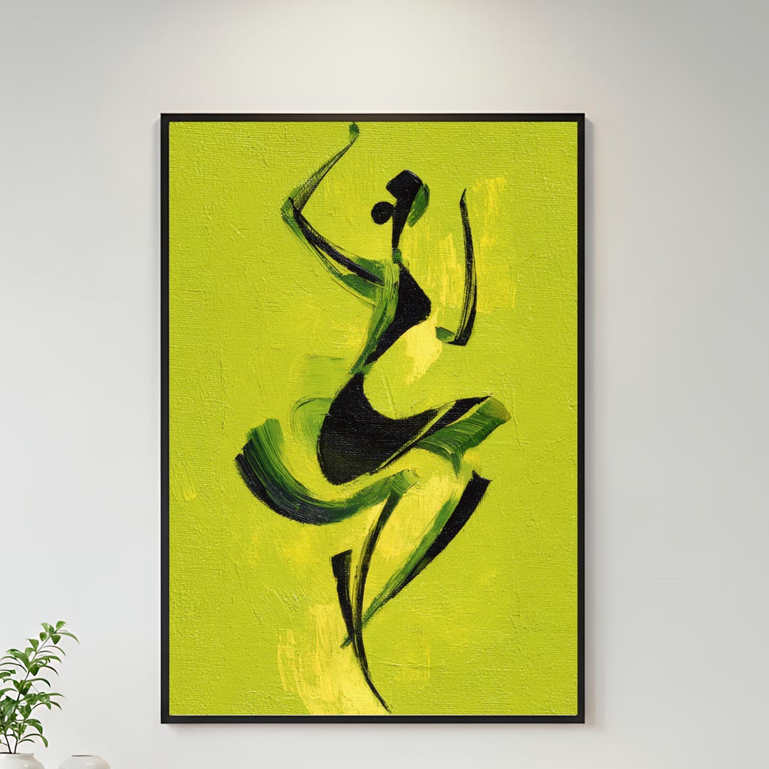 Abstract Woman Dancing Modern Wall Art, Green Abstract Feminine Figure ...