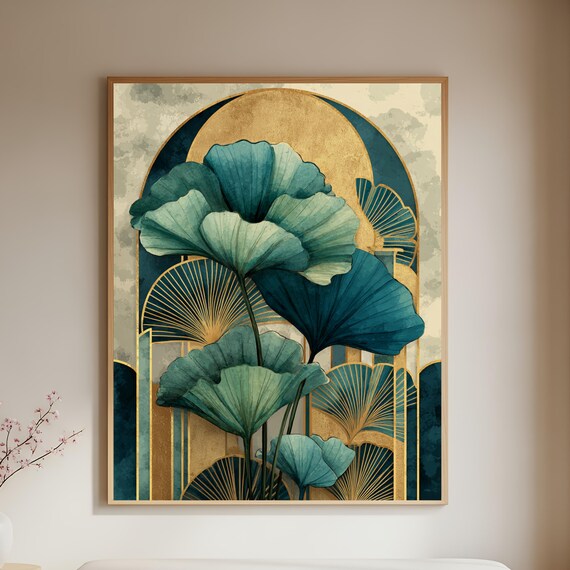 Botanical Wall Art, Teal Gold Floral Print, Ginkgo Leaf Decor, Vintage Style Home Poster