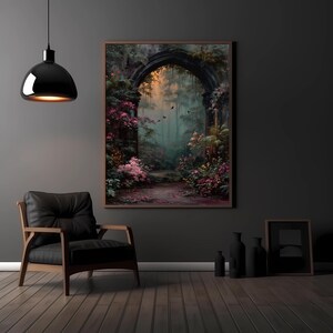 May include: A framed art print depicts a romantic forest scene with a stone archway. The artwork features a path leading into a misty forest, with pink and green foliage. The frame is brown, and the overall aesthetic is soft and inviting.