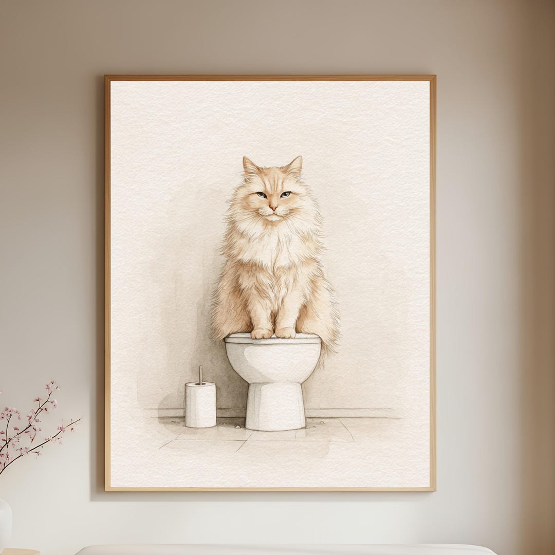 Funny Cat Bathroom Wall Art Poster, Cute Cat Toilet Print, Minimalist ...