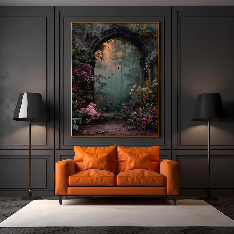 May include: An interior design scene featuring an orange leather sofa with two square pillows, a large framed painting of a forest scene, two black floor lamps, and a white rug on a dark wood floor.