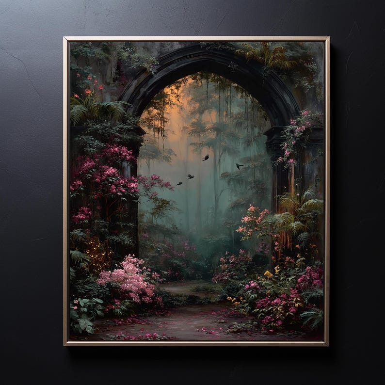 May include: A framed art print depicting a mystical forest scene. An arched stone structure frames a path leading into a lush, green forest with pink and yellow flowers. Birds fly in the distance, and the sky glows with warm light.