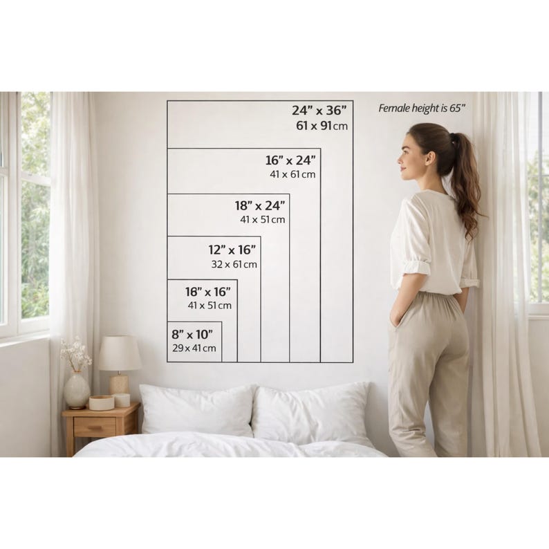 May include: A white wall with a series of rectangular frames of varying sizes, with measurements in inches and centimeters. A woman stands next to the frames. The text "Female height is 65" is visible.