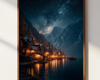 Velaris-Inspired Romantic Fantasy Mountain Village Wall Art | Starry Night Print, Cozy Magical Cityscape
