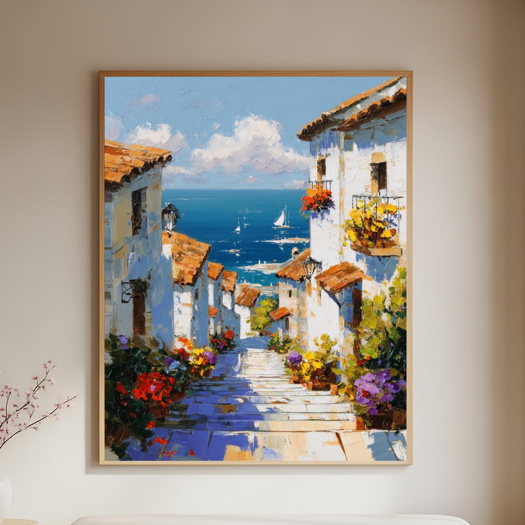 Mediterranean Coastal Village Wall Art, Ocean View Seaside Poster ...