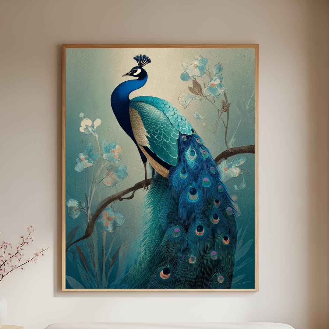 Peacock Wall Art Print, Floral Bird Poster, Blue Green Vintage Style ...