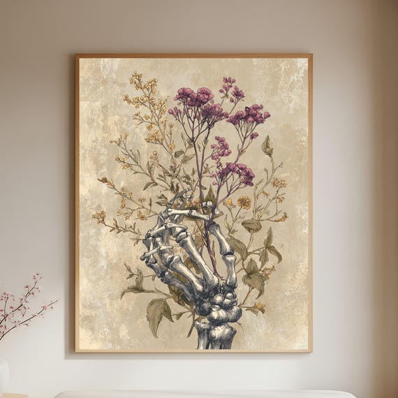 Skeleton Hand Floral Poster, Dark Botanical Art, Gothic Memento Mori Vintage Anatomy Decor