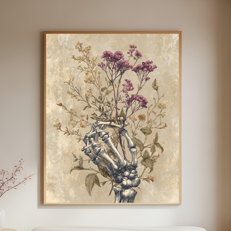 Skeleton Hand Floral Poster, Dark Botanical Art, Gothic Memento Mori Vintage Anatomy Decor image 1