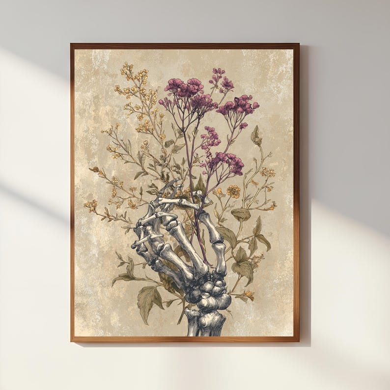 Skeleton Hand Floral Poster, Dark Botanical Art, Gothic Memento Mori Vintage Anatomy Decor image 2