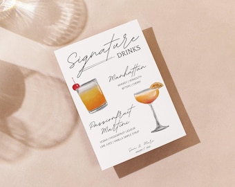 Menusjabloon aquarel bar: aanpasbare drankjes voor bruiloft en feest (digitale download)