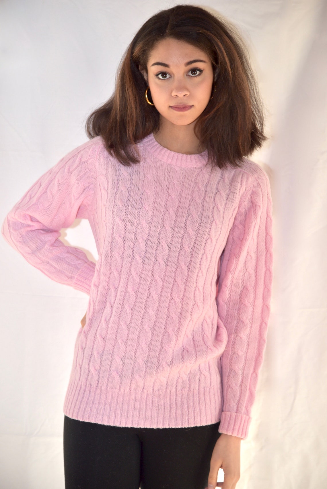 Pink wool cable knit sweater / s m Etsy