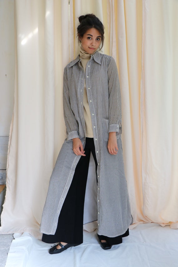 Houndstooth Duster Button Down Shirt / 70s long bu