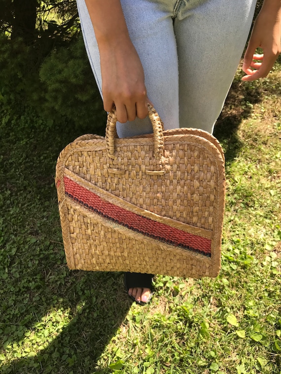 vintage 70s straw market bag / woven market bag /… - image 1