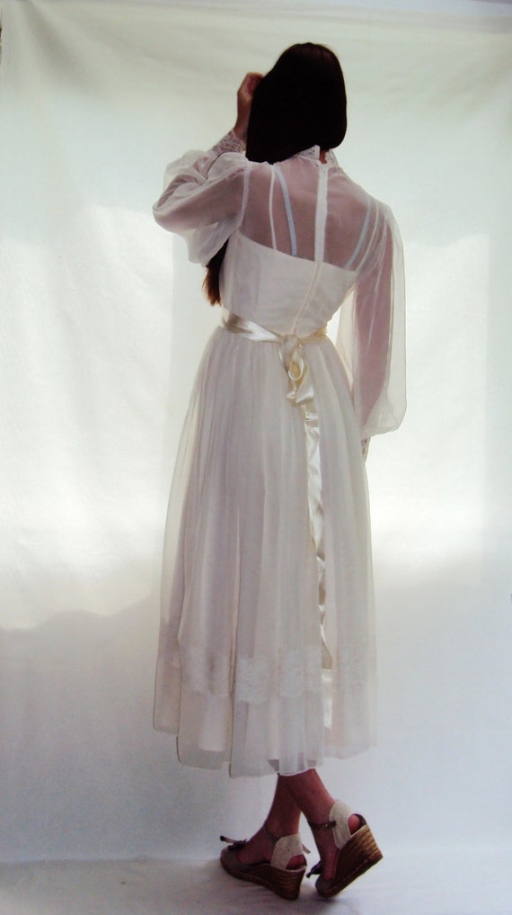 1970S BOHO White Wedding Dress/ Sheer Poet Sleeves