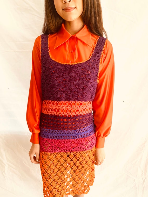 70s crochet mini dress / boho hippie dress crochet