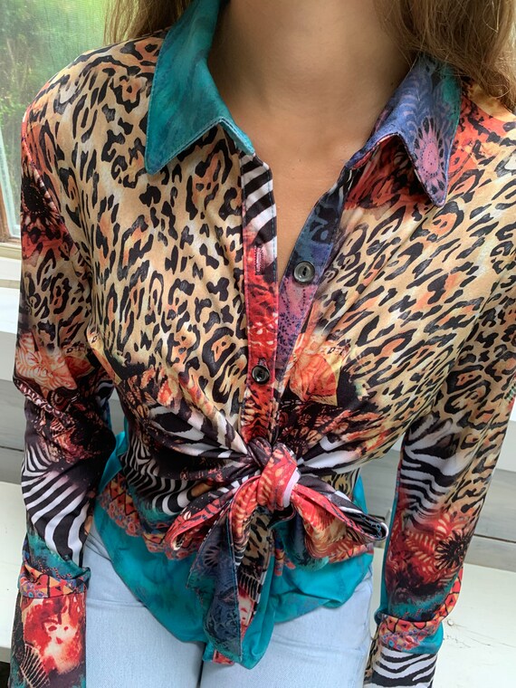 90s boho chic patchwork top / L / leopard print /