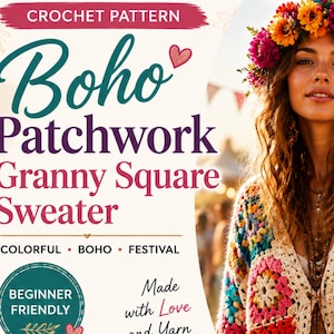 Modello per maglione all'uncinetto stile boho patchwork a quadrati da nonna / Cardigan colorato per festival (download PDF)