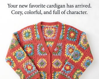 Easy Crochet Cardigan Pattern | Colorful Granny Square, Women Sizes XS–3XL (PDF Download)