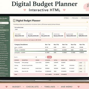 May include: A laptop screen displaying a digital budget planner interface with a dark green sidebar menu, white background, and pink accents. The dashboard shows financial tables for wedding expenses, including categories, vendors, estimated costs, and actual payments.
