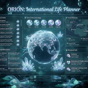 May include: A digital dashboard titled ORION: International Life Planner featuring a central glowing globe, sections for Global Events, Time Zone Concierge, Travel Itinerary, Personal Milestones, and a Resource Hub with currency and language tools.