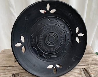 Vintage Hungarian Black Ceramic Wall Plate - Reticulated Pottery