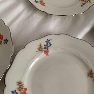 Może przedstawiać: Zestaw białych talerzy ceramicznych z falistymi brzegami i srebrzystym wykończeniem. Każdy talerz ozdobiony jest delikatnym motywem botanicznym składającym się z małych niebieskich kwiatów, pomarańczowych jagód i brązowych liści paproci.
