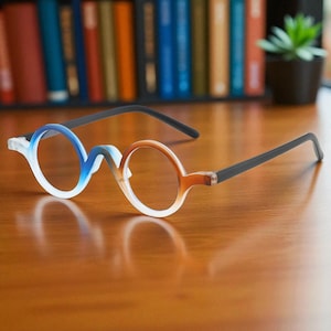 Könnte beinhalten: Eine Brille mit einem einzigartigen Design. Die Fassung weist eine Kombination aus Blau-, Weiß- und Brauntönen mit schwarzen Bügeln auf. Die Gläser sind rund, und der Gesamtstil ist modern und künstlerisch. Die Brille steht vor einem verschwommenen Hintergrund.