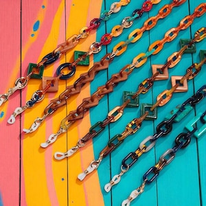 ボヘミアン風アクリルメガネチェーン（女性用） - カラフルな樹脂製メガネストラップ、幾何学模様のサングラスストラップ、アイウェアホルダーコード