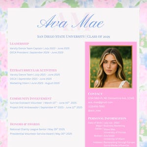 May include: A resume with the name "Ava Mae" in a script font, with a photo of a young woman. The resume lists leadership, extracurricular activities, community involvement, honors, and Greek affiliations. The background has a floral pattern.