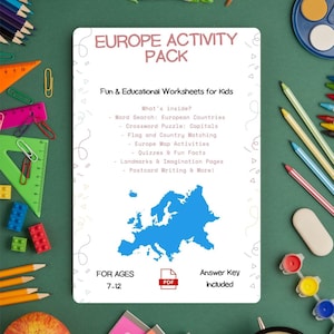 Pack d&#39;activités Europe pour enfants | Feuilles de travail de géographie imprimables | Recherche de mots, quiz, carte et plus (PDF)