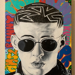 May include: A black and white portrait painting of a person with a shaved head and a geometric design shaved into their hair. The person is wearing sunglasses and a black leather jacket. The background is a colorful abstract design with the word "Graffiti" written in the top left corner.