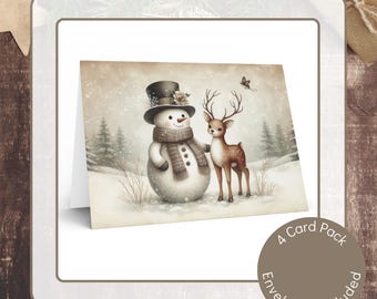 Rustic Woodland Christmas Card Set of 4, Santa, Snowman, Reindeer (A6)